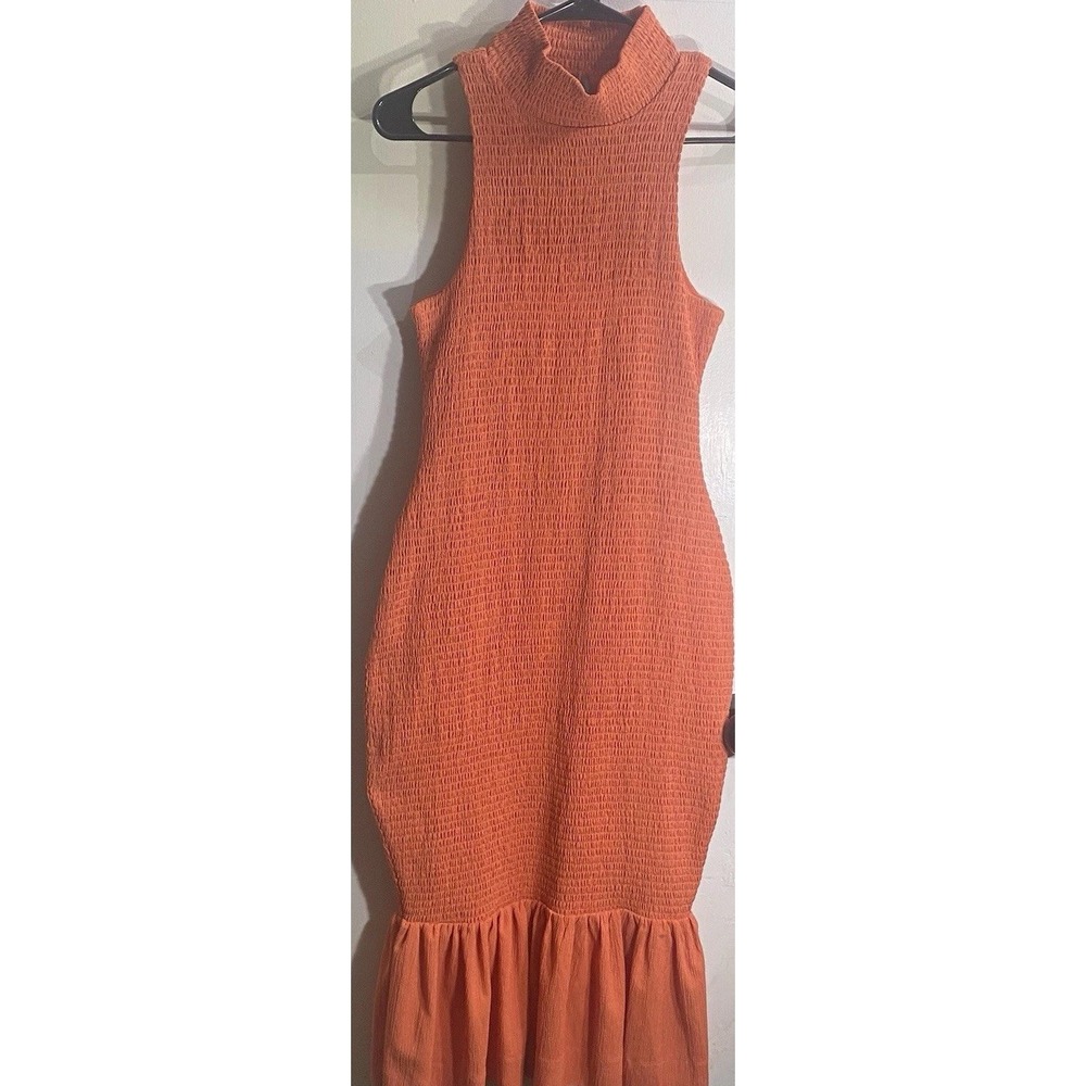 Anthropologie Smocked Mock Neck Dress Sleeveless Ruffle Hem Bodycon Small
